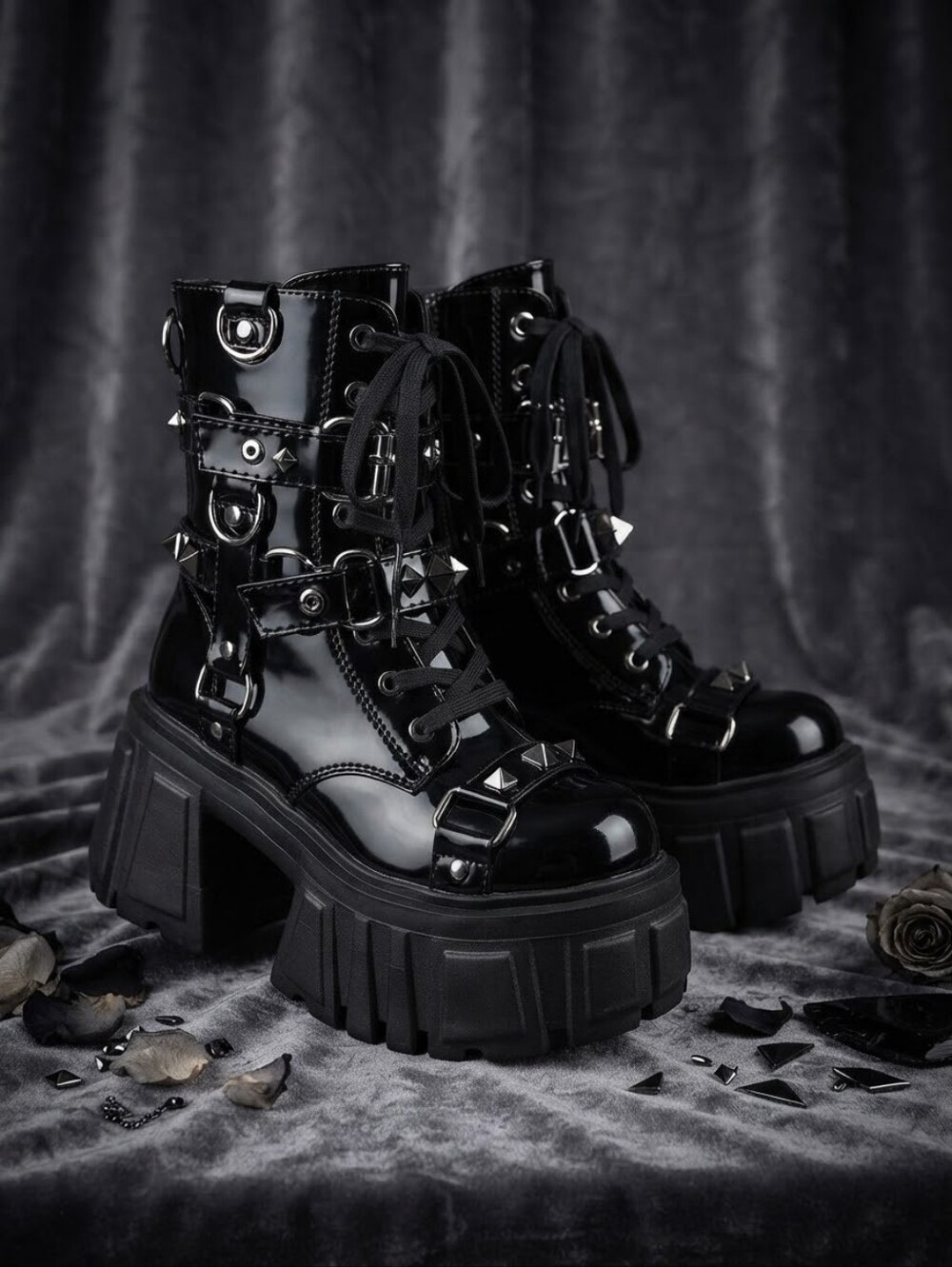 Club Exx Utopia Bondage Combat Boots Size 6 Black Platform Buckle Goth Punk NWT